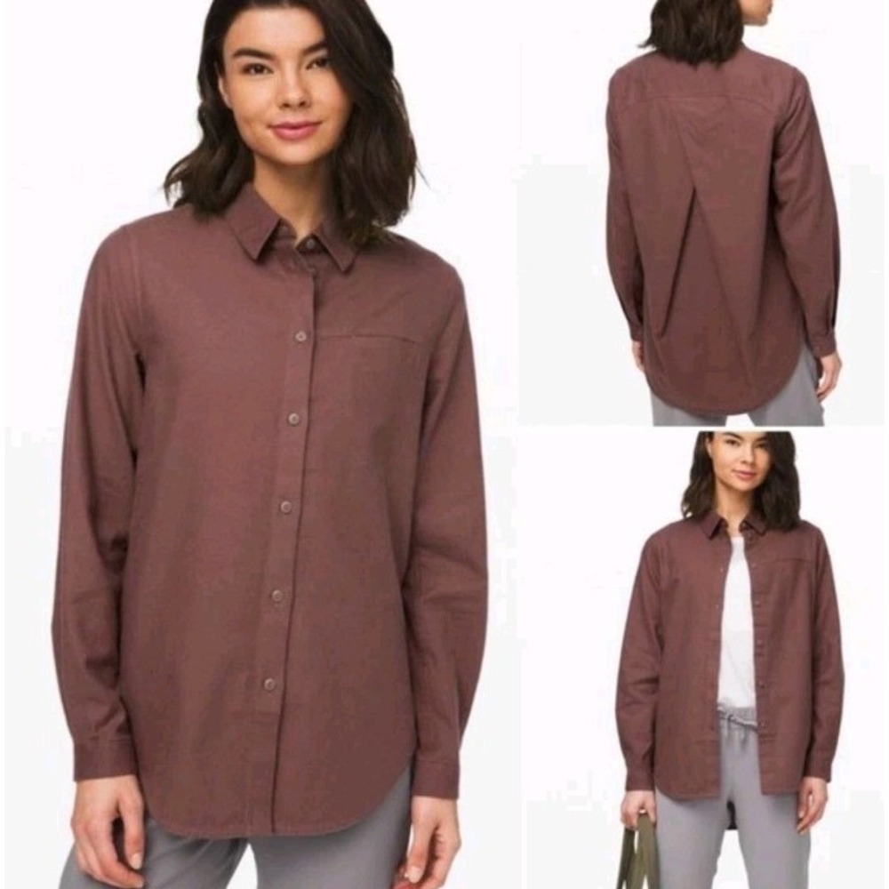 Lululemon Button-Up Shirt 10 Purple Collared Long Sleeve Cotton Relaxed Pockets